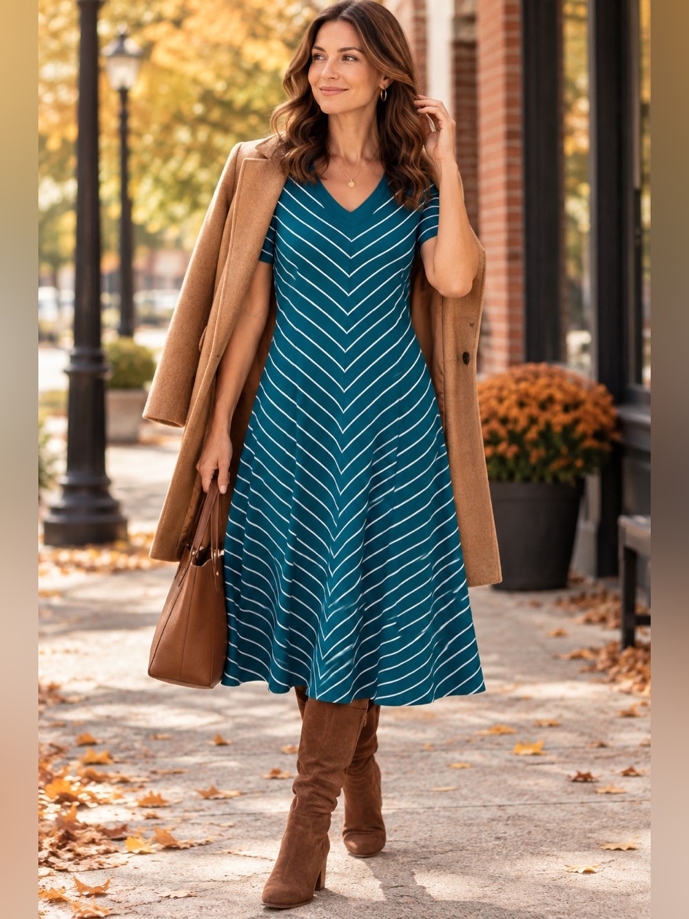 J Jill Chevron Striped V-Neck T-Shirt A-Line Maxi Dress Cotton Blend Pockets Sm